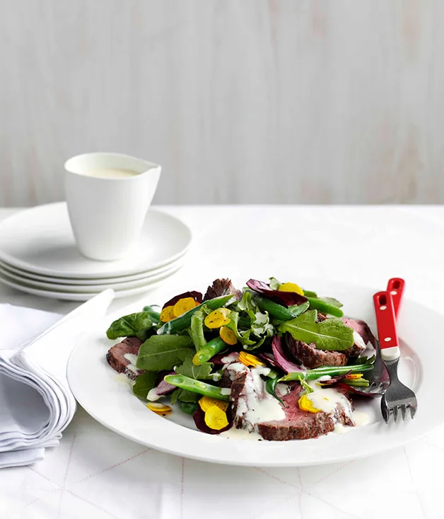 Roast beef, beetroot and wasabi green salad with buttermilk dressing