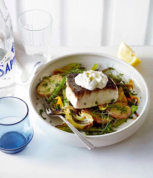 Blue-eye trevalla with skordalia, lemon, potatoes and fennel