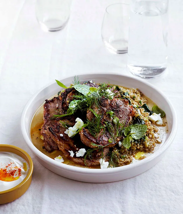 Yoghurt lamb with freekah pilaf