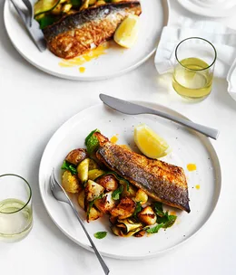 Harissa-grilled mackerel with potatoes, zucchini and mint