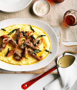 Prosciutto-wrapped veal with soft polenta