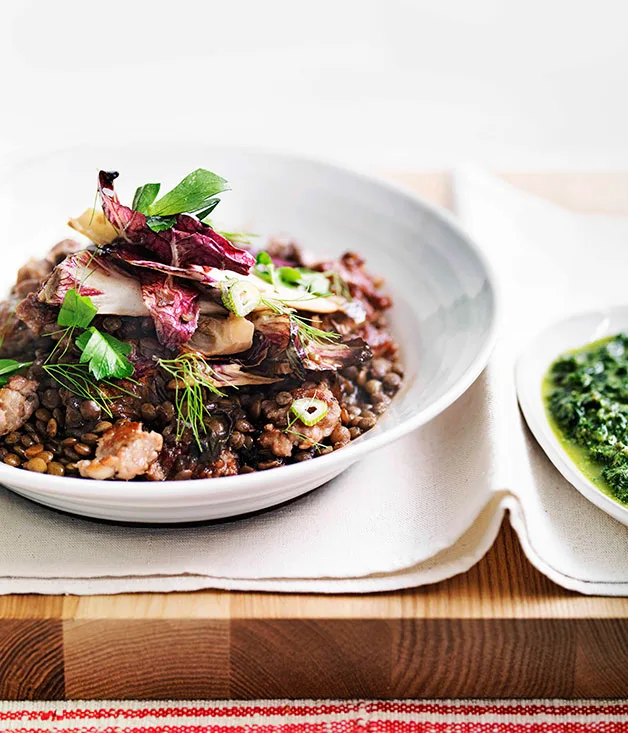 Sausage, lentils and radicchio with salsa verde