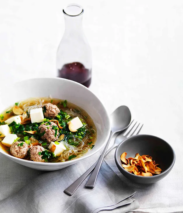 Chinese celery and pork soup with cellophane noodles