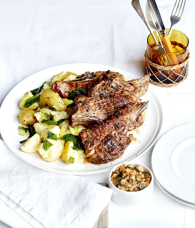 Barbecued lamb neck chops with hazelnut picada and crushed butter potatoes