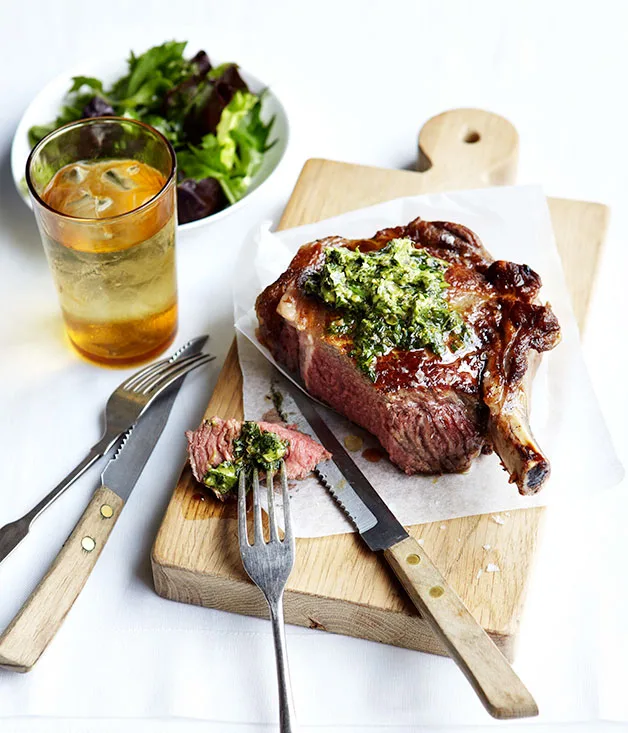 Grilled rib-eye with anchovy and caper butter