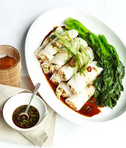 Steamed prawn rice noodle rolls with chilli, soy and garlic dressing
