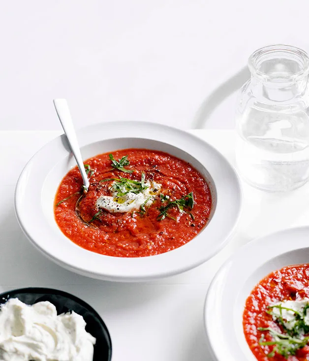 Chilled spiced tomato soup with Middle Eastern herbs and labne