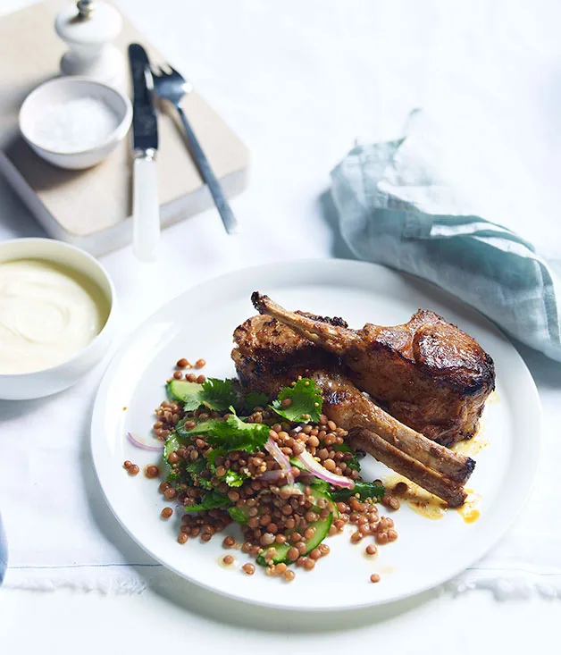 Tandoori-style lamb with red lentils, coriander and cucumber