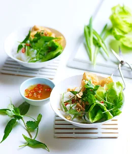 Rice noodles with tofu puffs, Asian herbs and nuoc cham