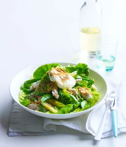 Chicken, cos and soft egg salad with anchovy and crisp onion