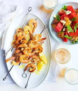 Char-grilled prawns with watermelon, feta and torn bread
