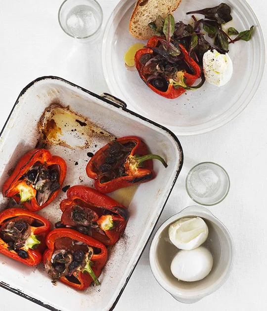 Roast Capsicum With Tomato, Garlic and Olives