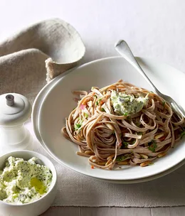 Spelt fettuccine with herbed ricotta, chilli and pine nuts