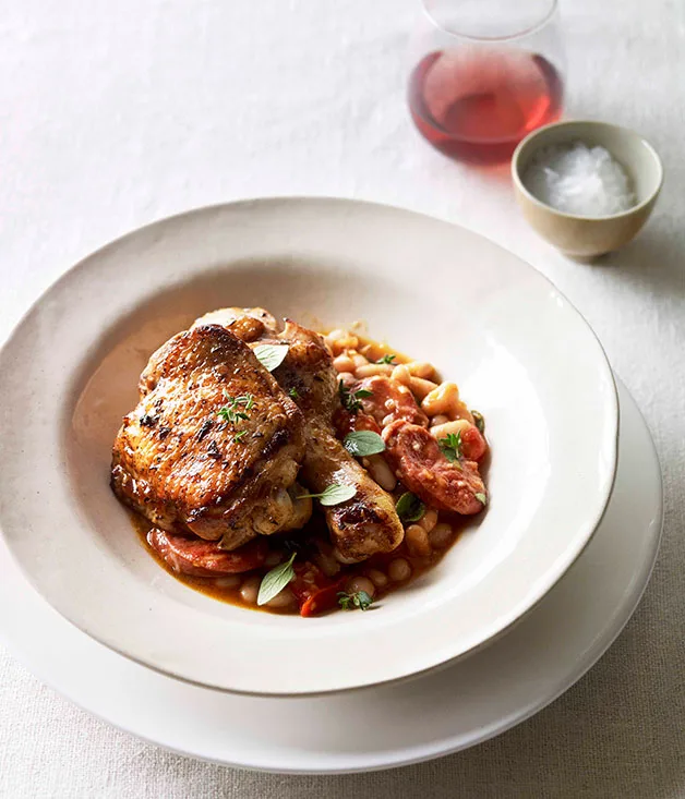 Paprika roast chicken with chorizo and white beans