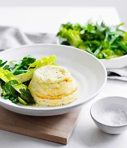 Baked ricotta with baby cos, beans and green olives