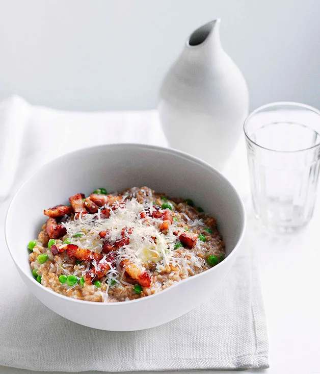 Farro with pancetta, peas and mascarpone
