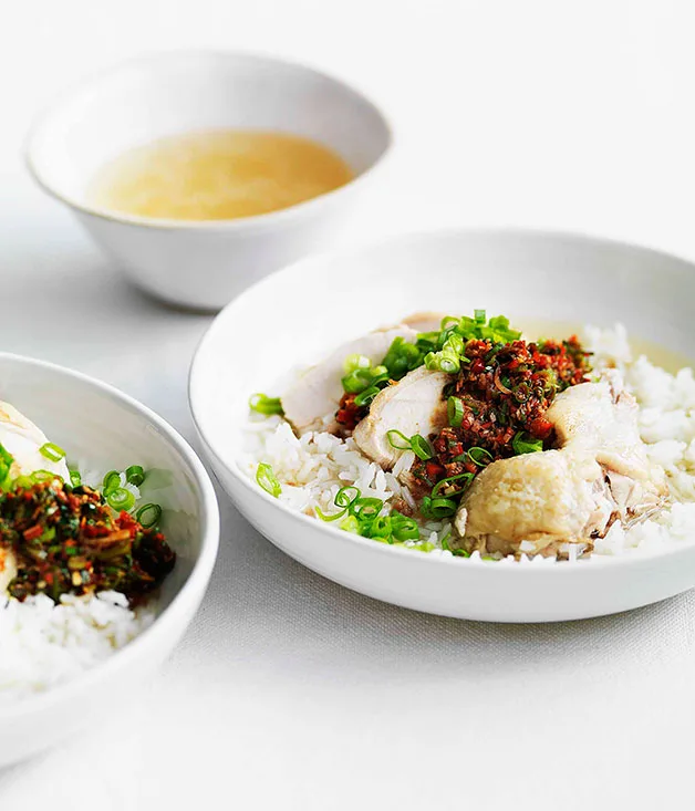 Chinese chicken with soupy rice, ginger and spring onion dressing