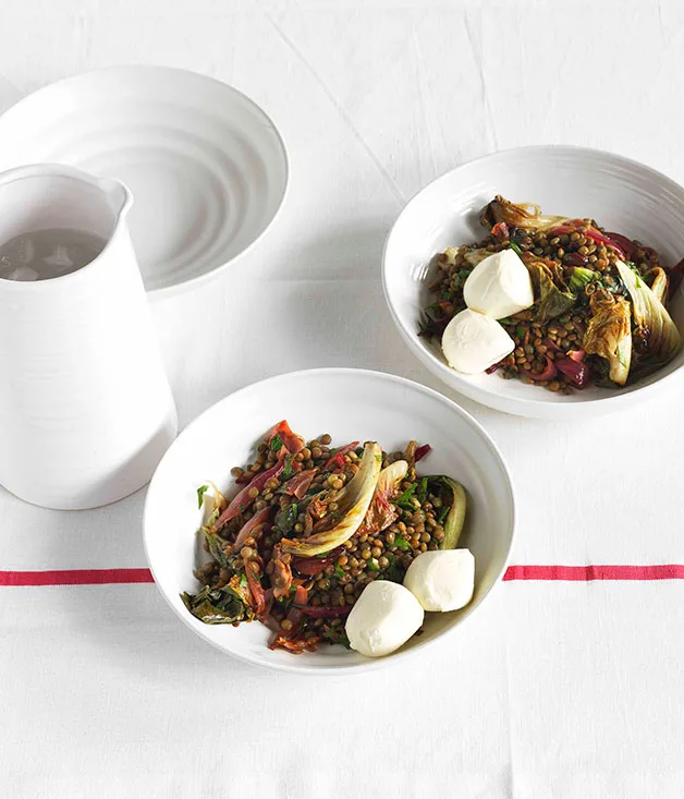 Lentils with wilted radicchio, olives and balsamic vinegar
