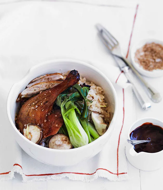 Chinese roast duck with ginger and shiitake rice