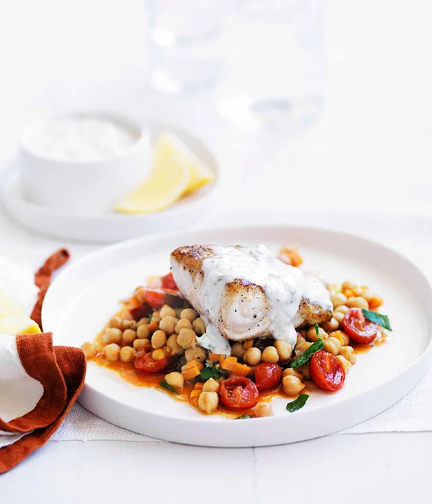 Spiced blue-eye with chickpeas and minted yoghurt