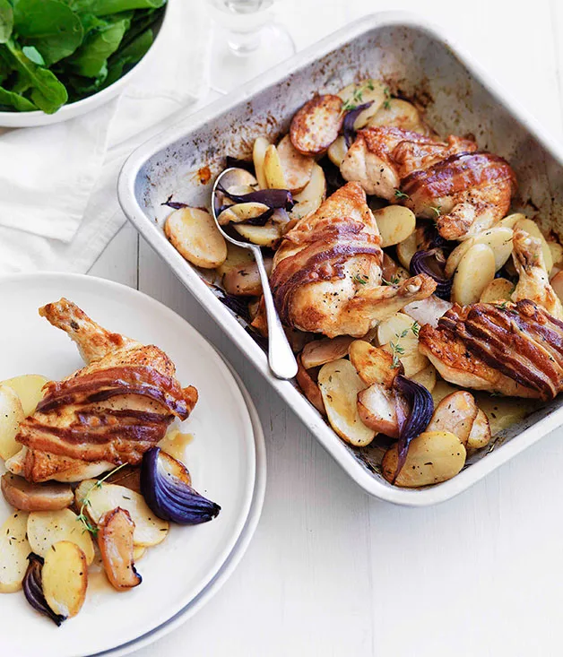 Cider-roasted chicken with speck, apple and potato