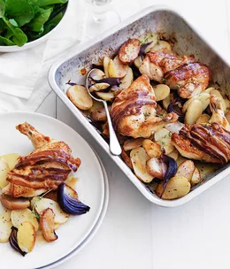 Cider-roasted chicken with speck, apple and potato