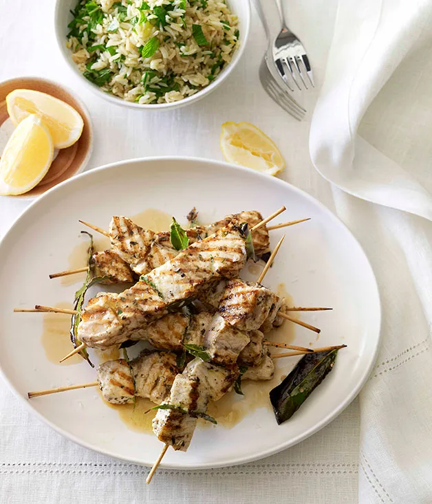 Swordfish souvlaki with lemon and herb pilaf