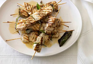 Swordfish souvlaki with lemon and herb pilaf