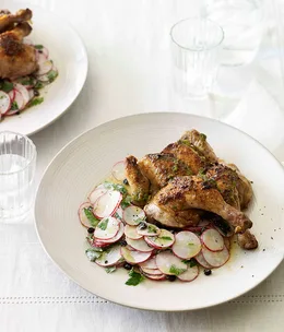 Roast spatchcocks with radish and currant salad