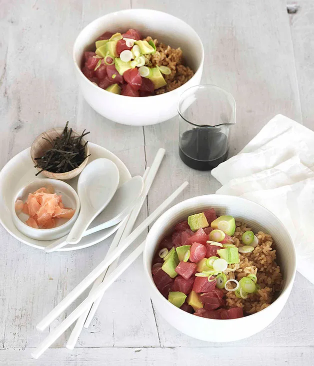 Yellowfin tuna and avocado donburi
