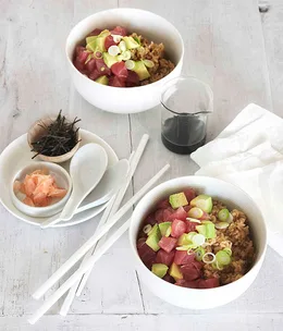 Yellowfin tuna and avocado donburi