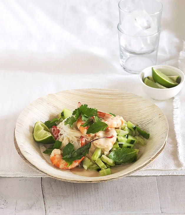 Poached prawns with rice noodles, cucumber and Thai herbs