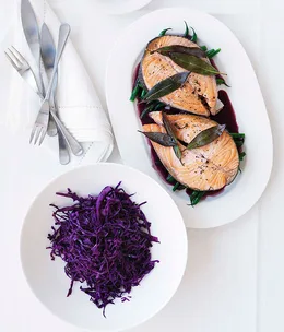 Salmon with warm red cabbage salad and red wine sauce