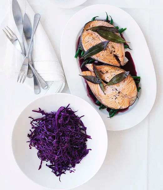 Salmon with warm red cabbage salad and red wine sauce