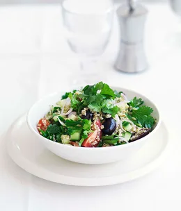 Freekah and herb salad with preserved lemon and black olives