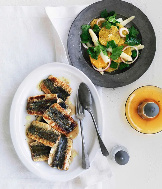 Sardine escabeche with white asparagus and orange salad | Gourmet Traveller