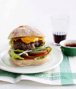 Beef burger with blue cheddar and dill pickles