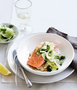 Roast ocean trout with white bean purée and fennel salad