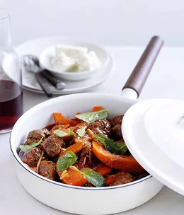 Lamb keftethes with pumpkin and feta