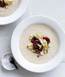 Roast cauliflower soup with chickpeas and chorizo