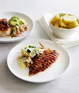 Char-grilled chicken with warm cabbage and celeriac salad
