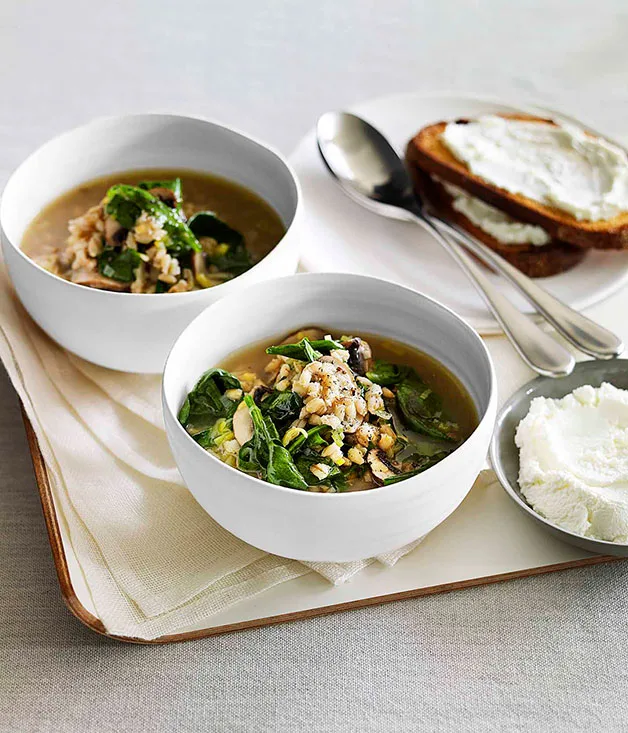 Mushroom and pearl barley broth with goat’s curd crostini