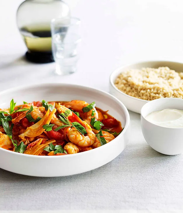 Prawns with tomato, preserved lemon and couscous