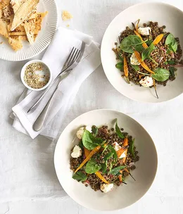 Warm roast carrot, lentil and labne salad with crisp flatbread