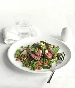 Autumn lamb with mint, feta, peas and borlotti beans