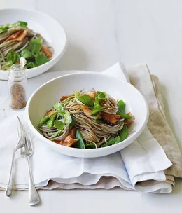 Soy-roast ocean trout with peas and soba noodles