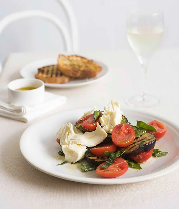 Eggplant and mozzarella salad with rosemary bruschetta