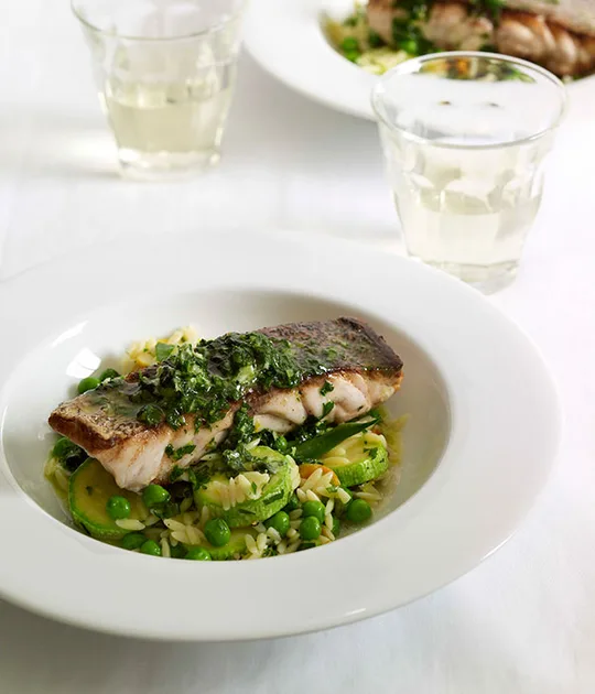 Bar rockcod with risoni primavera | Gourmet Traveller