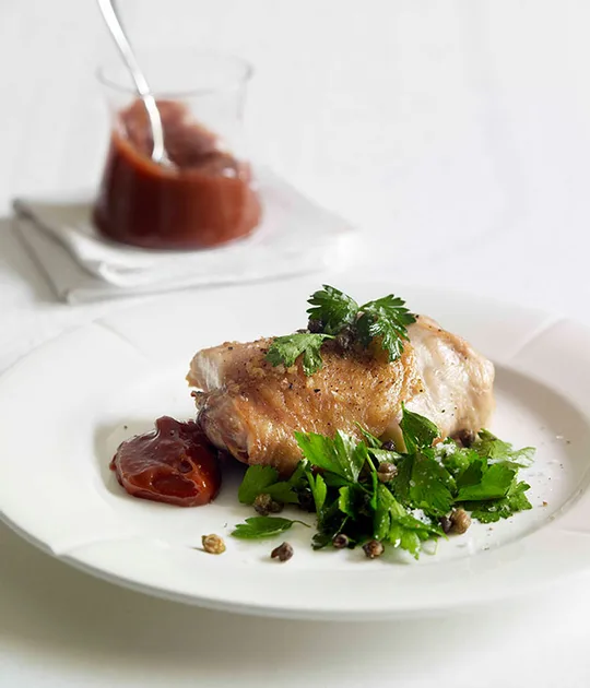 Roast Chicken with Quince Alioli & Caper Salad