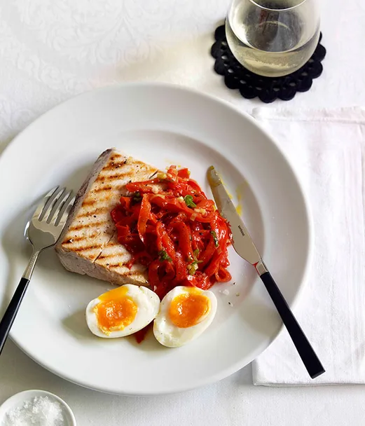 Chargrilled swordfish, capsicum salad and soft-boiled egg
